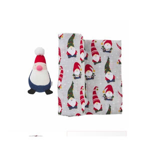 NEW Mud Pie Christmas Baby Swaddle Blanket Muslin Cotton & Small Plush Toy Gnome